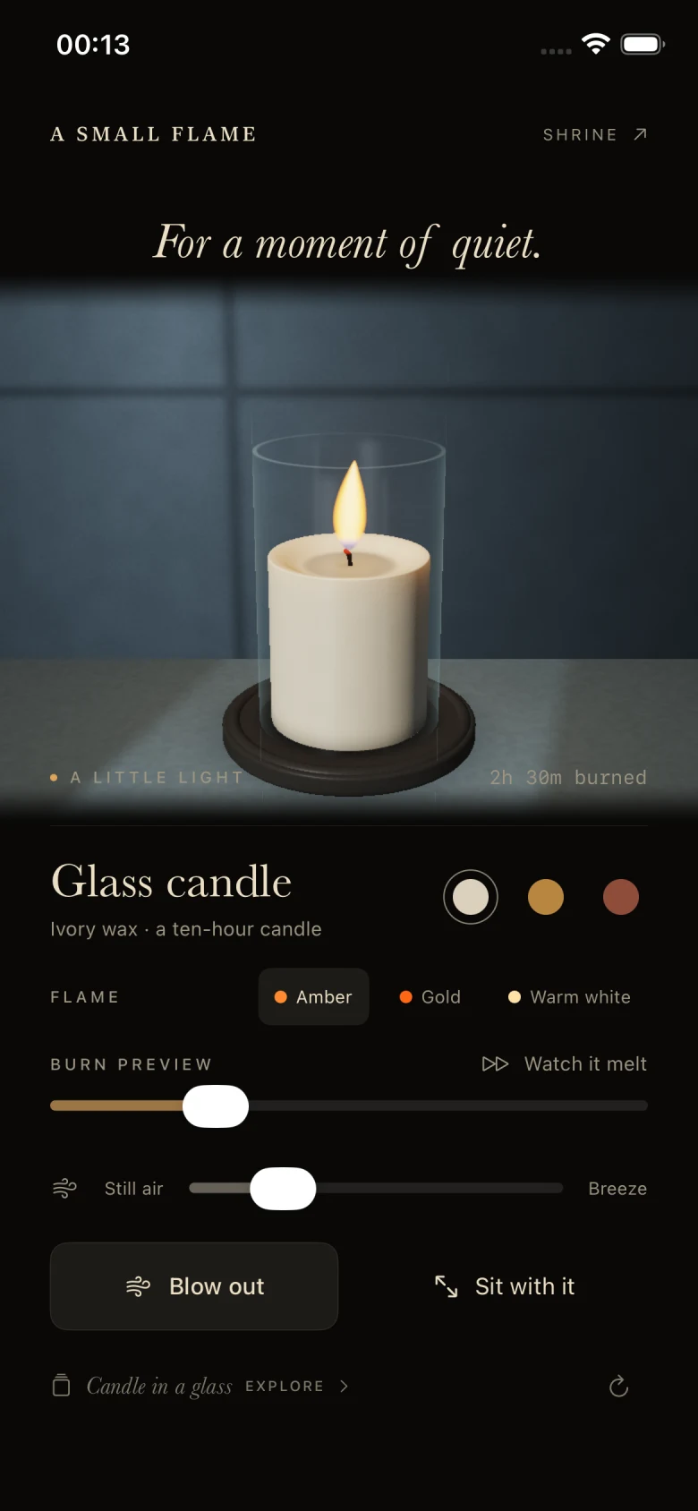 A candle in a glass holder, one of the optional paid candle designs in the prototype